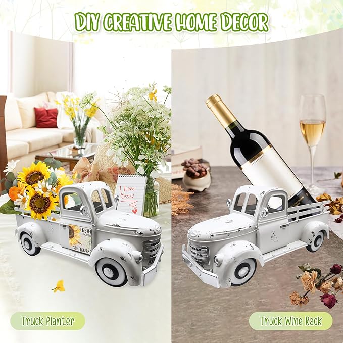 Sunflower Decor 13.4 Inch Vintage White Farmhouse Truck with 12 Magnets Sunflower Kitchen Spring Decorations for Home Shelf Office Metal Pickup Interchangeable Seasonal Decor Garden Truck Planter