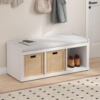 Furinno Cubicle Storage Bench, Shoe Bench with Padded Seat Cushion, 3-Cube Open Shelves Entryway Bench, for Closet, Entryway, Living Room, White