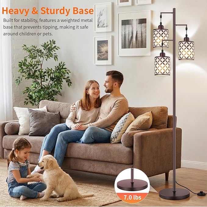 New Upgraded 72" Tall Dimmable Floor Lamp with 3 x 1100LM 12W Bright LED Bulbs, Farmhouse Standing Lamp with Remote Control, Industrial Tree Pole Floor Lamps for Living Room, Bedroom, Office - Brown