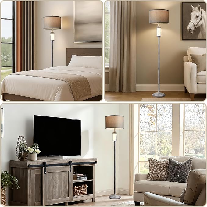 65'' Rustic Floor Lamp for Living Room with 2 Light Sources, Frosted Nightlight Vintage Farmhouse Tall Standing Lamp for Bedroom Reading Room Office Corner, Bulb Included