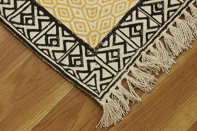 Kilim Runner 4x15 Cotton Runner Rug Beige & Black Flatweave Runner 0.19 inches Stone Easy Washable Hand Wash Cotton Carpet Indoor Outdoor Runner Rugs for Hallway, Staircases, Corridor Runner