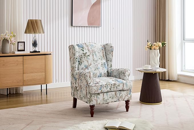 KEIKI Floral Accent Chair for Living Room – Artistic Heritage Look with Natural Wood Base, Statement Upholstered Armchair for Everyday Relaxation