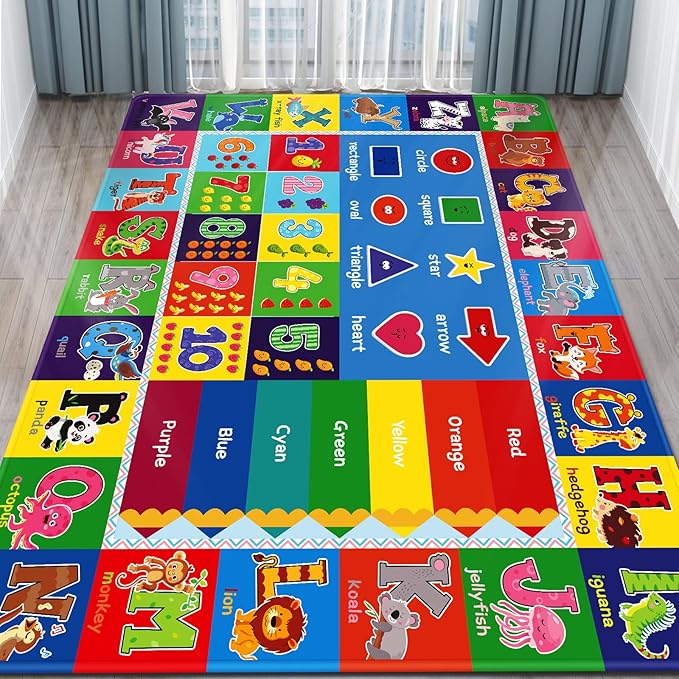Kids Play Rug for Playroom, ABC Educational Rugs for Classroom, Preschool Floor Play Mat for Kids Toddler Baby, Large Soft Kid Rug Carpet for Boy Girl Bedroom(110X78.7 INCH Blue)