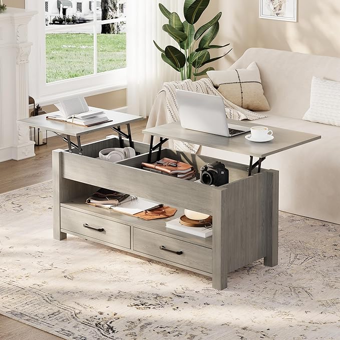 IDEALHOUSE 47.2" Coffee Table with Storage, Multi-Function Lift Top Coffee Table with Wooden Lift Tabletop, 2 Drawers and Hidden Compartment, Central Table for Living Room Home Office, Grey