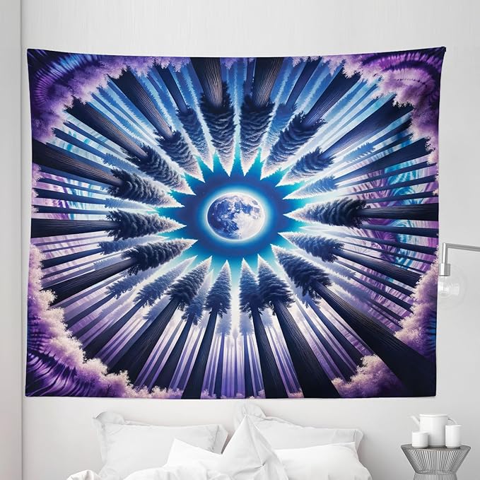 Ambesonne Trippy Tapestry King Size, Indigo Tones Outer Space Featuring Moon with Psychedelic Abstract Woods, Wall Hanging Bedspread Bed Cover Wall Decor, 104" X 88", Pale Fuchsia Sea Blue