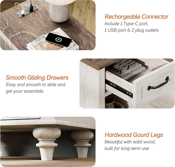 WAMPAT Set of 2 End Tables with Charging Station, Antique White Side Table with Storage Cabinet & Drawer, Wooden Nightstands with Power Outlets & Type-C USB Port for Bedroom