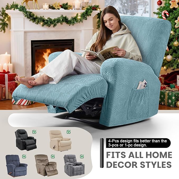 VANSOFY Recliner Chair Covers, 4-Pieces Stretch Recliner Cover Jacquard Soft Reclining Chair Slipcover Furniture Protector with Elastic Bottom for Lazy Boy Recliner(Light Blue)