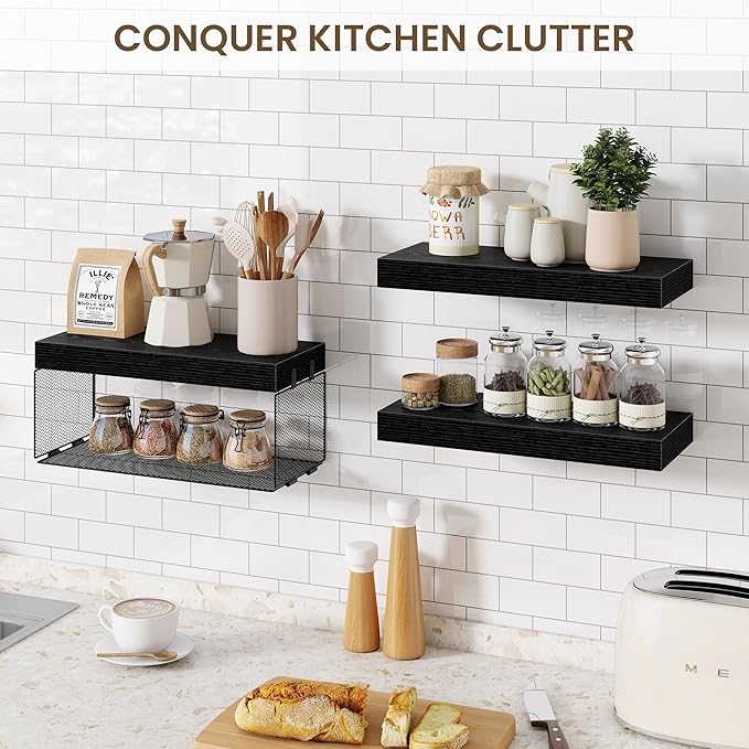 Bathroom Floating Shelves for Wall,16 inch Wall Mounted Floating Shelf Toilet Organizer and Storage,Small Farmhouse Decor Shelf,Black,Set of 3