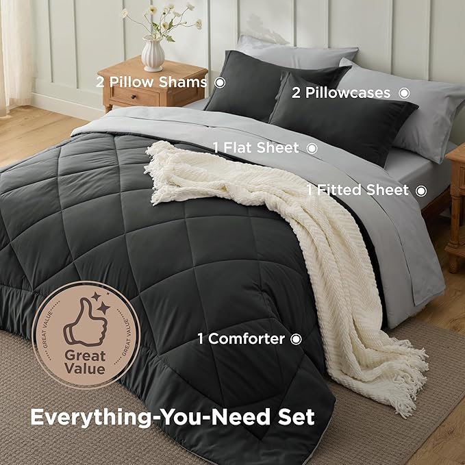 Bedsure Charcoal Grey Full Comforter Set - 7 Pieces Reversible Bedding, Full Size Bed Set for All Seasons, Bed in a Bag with Down Alternative Comforter, Sheets, Pillowcases & Shams