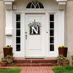 Ultra Large 14'' Last Name All Year Round Front Door Wreath with 26 Initial Letter Welcome Sign All Seasons Eucalyptus Garland and Bow Wreaths for Front Door Porch Farmhouse Decoration (N)