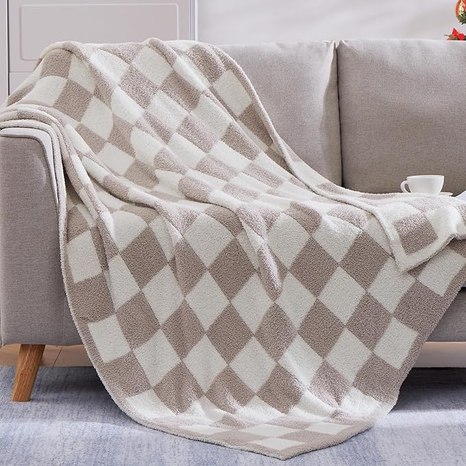 Checkered Throw Blanket, Taupe Soft Cozy Fluffy Warm Throw Blankets for Couch, Sofa, Chair, Bed, Camping, Picnic, Office,Travel Lightweight Bed Blanket - 50"*70"