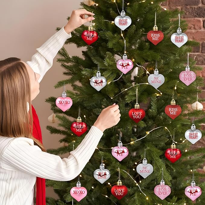 36 PCS Valentine's Day Heart Hanging Ornaments Red Pink Silver Glitter Heart Shaped Baubles Valentines Day Tree Hanging Decorations for Home Wedding Anniversary Party Decoration