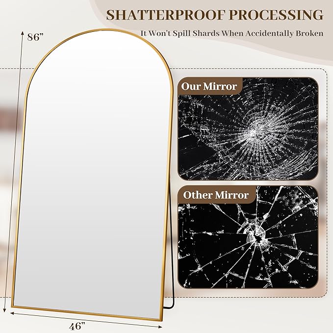 Suidia Arched Full Length Mirror, 86"x46" Floor Mirror Freestanding, Floor Standing Full Body Mirror with Stand for Bedroom, Hanging Leaning Mounted for Living Room Cloakroom, Gold