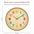 Foxtop Silent Kids Wall Clock Non-Ticking Battery Operated Colorful Childrens Clock for Classroom Playroom Nursery Bedrooms Kids Room (3D Numbers, 12 inch)