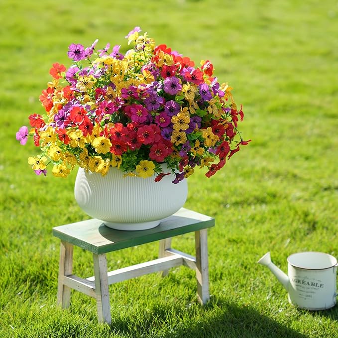 24 Bundles Artificial Flowers for Outdoor Realistic Faux Flower Spring Summer Garden Home Decoration, Hanging Daisy with Eucalyptus Leaves Fake Plants Greenery Balcony Porch Patio Front Door Decor
