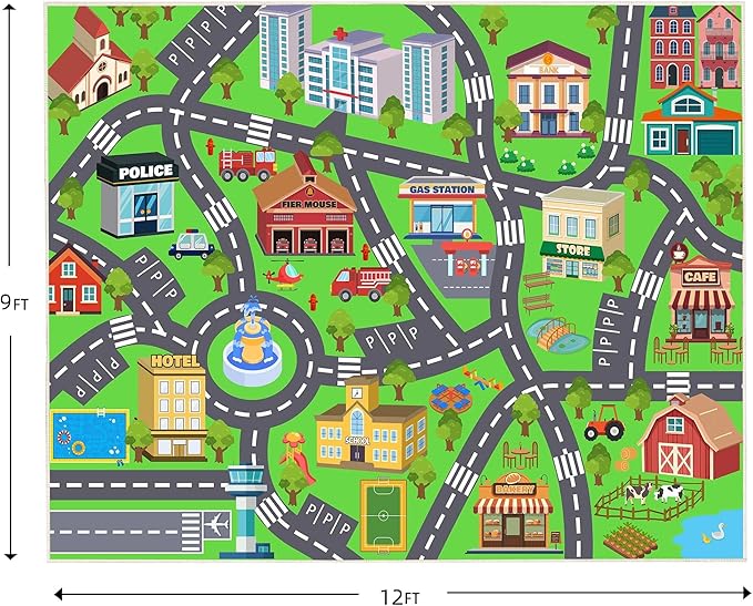 Kids Room Rug - Soft & Non-Slip 9x12 Ft Town Car Rug City Map Play Mat, Childrens Road Catpet Washable Rug for Classroom Nursery Bedroom Boys