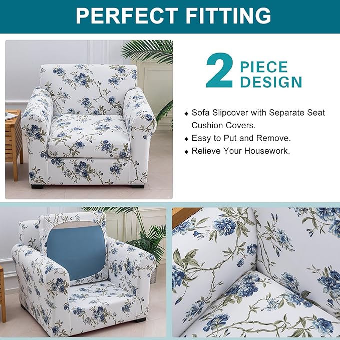 KRFOONN 2 Piece Couch Chair Cover Printed Sofa Covers Couch Covers Stretch Armchair Sofa Couch Slipcovers Furniture Protector with Elastic Bottom for Living Room (Armchair, 51)