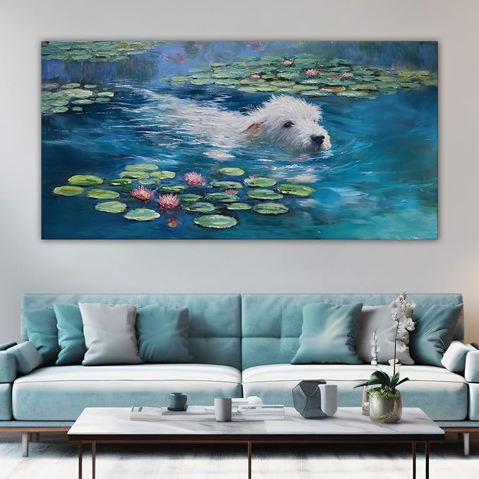 Dog Monet Wall Art with - Large Canvas Wall Art for Bedroom - Framed Landscape Pictures Decor - Classic Vintage Artwork for Living Room, Bedroom, or Office Paintings Wall Decor 29×58IN