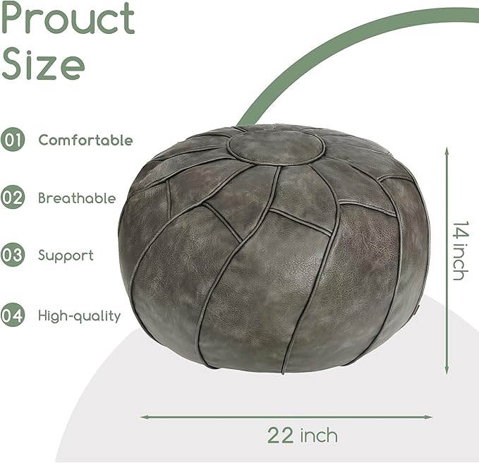 Thgonwid Round Unstuffed Pouf Cover, Leather Foot Stool Ottoman with Storage, Bean Bag Floor Chair, Multi Functional Footrest for Living Room, Bedroom or Balcony (Deep Gray)