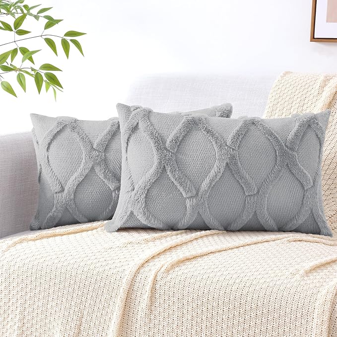 decorUhome Spring Throw Pillow Covers 12x20 Inch Set of 2, Soft Plush Faux Fur Wool Lumbar Grey Couch Pillow Covers, Decorative Neutral Pillow Cases for Bed Sofa Living Room Home Decor