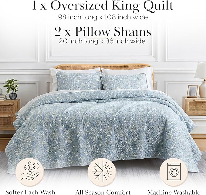 Southshore Fine Living, Inc. Boho Quilt Set, Lightweight Bedspread, Summer Coverlet, 3-Piece Paisley Bedding Set with Two Matching Pillow Shams, California King Quilts, Blue Paisley