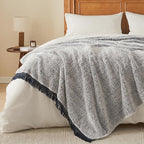 EMME Soft Sherpa Fleece Blanket with Tassel, Reversible Plush Fluffy Large Blanket, Light Weight Warm Decorative Boho Blanket Cover for Sofa, Couch, Bedroom,Travel(Tassel Navy,60"x80")