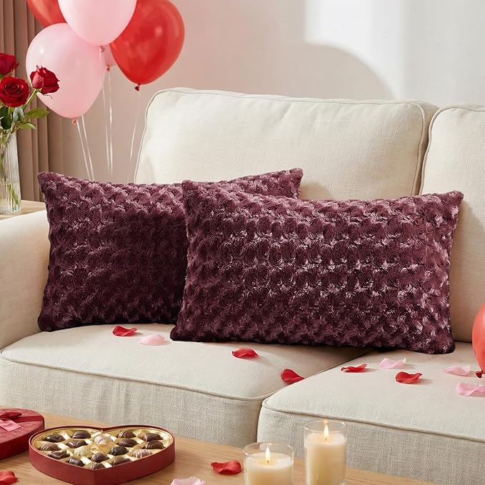FUTEI Burgundy Decorative Throw Pillow Covers 12x20 Inch Set of 2,Soft Solid Rose Swirl Textured Lumbar Pillow Case,Valentine's Day Decor for Couch Living Room
