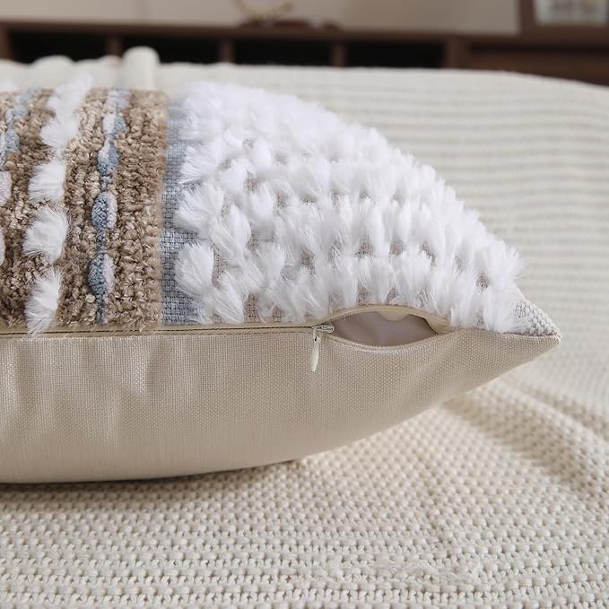 Boho Throw Pillow Covers 18x18 Set of 2 Farmhouse Decorative Couch Pillow Covers Neutral Accent Throw Pillows Covers Striped Outdoor Cushion Covers Square Textured Chenille Pillow Cases for Sofa Bed