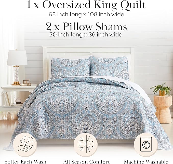 Southshore Fine Living, Inc. Oversized Quilt, King Size Bedding Set, Paisley Lightweight Bedspread Cal/King Quilt Coverlet & 2 Matching Quilted Pillow Shams, Pure Melody Aqua