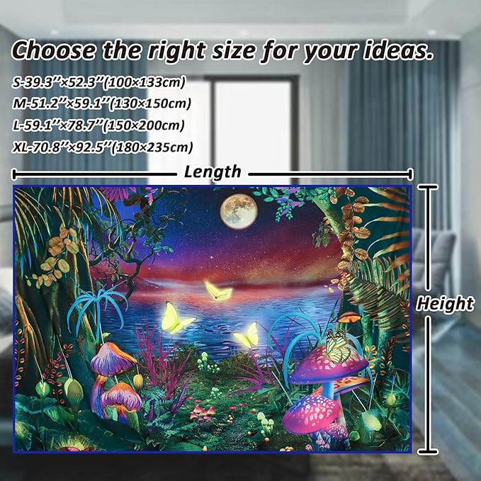 Serborlur Blacklight Fantasy Forest Moon Tapestry UV Reactive Butterfly Galaxy Space Tapestries Wall Hanging Aesthetic Starry Night Backdrop for Bedroom Living Room Decor (51.2 × 59.1 inches)