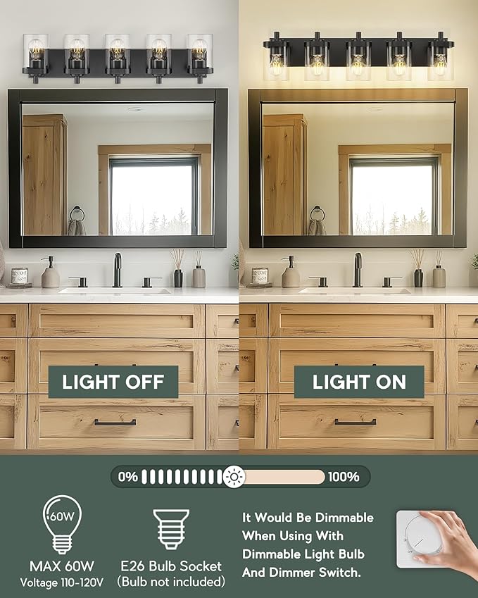 Bathroom Light Fixtures, 5-Light 30" Vanity Light with Square Clear Glass Shade, Modern Matte Black Wall Sconces, Vanity Lighting Fixtures Over Mirror, VL194-MB-5