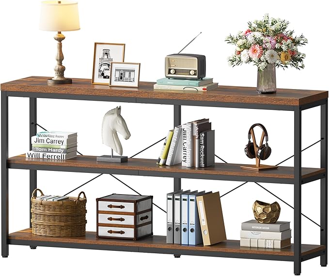 Semoic 3-Tier Industrial Bookshelf, Wide Wood Horizontal Bookcase, Open Large Book Shelf with Metal Frame, Display Rack Shelving Unit, Storage Organizer for Living Room, Bedroom & Study, Brown