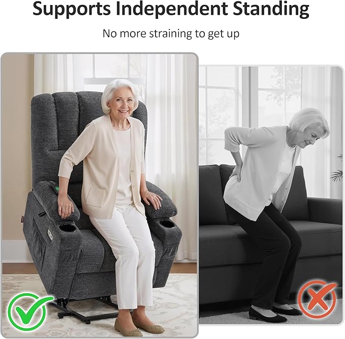 MCombo Large Power Lift Recliner Chair for Elderly, Lift Chair with Heat and Massage, 3 Positions, USB Charge Ports, Cup Holders, Fabric 7099 (Large, Dark Grey)