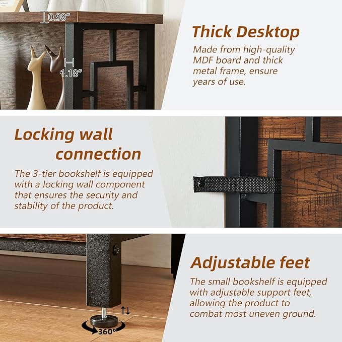 HOMISSUE Book Shelf, 3 Tier Long Bookshelf with Storage, Engineered Wood and Metal Shelf Bookcase, Low Short Bookcases for Small Space, Living Room, Bedroom, Office, Rustic Brown