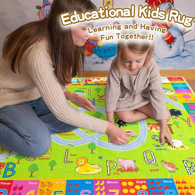 Kids Rugs Playmat for Bedroom Kids Room, Educational ABC Rug for Classroom, Non-Slip Washable Playroom Carpet for Boys Girls, Zoo Road Play Mat, 5x7 Green