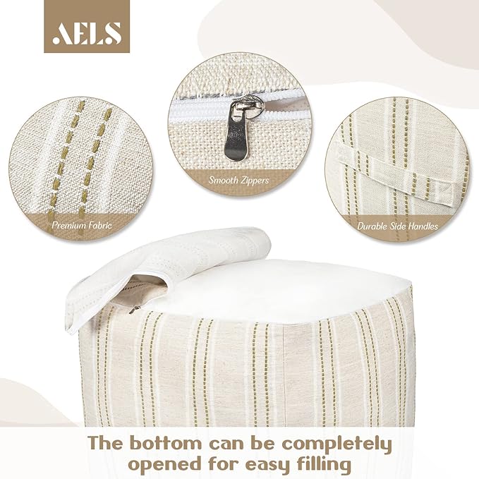 AELS Unstuffed Farmhouse Pouf Cover for Living Room, Boho Storage Bean Bag Cubes, Beige with Brown Stitch Yarn Dyed Stripe Square Ottoman Pouf Foot Rest Footstool, 18"x18"x18", Cover ONLY