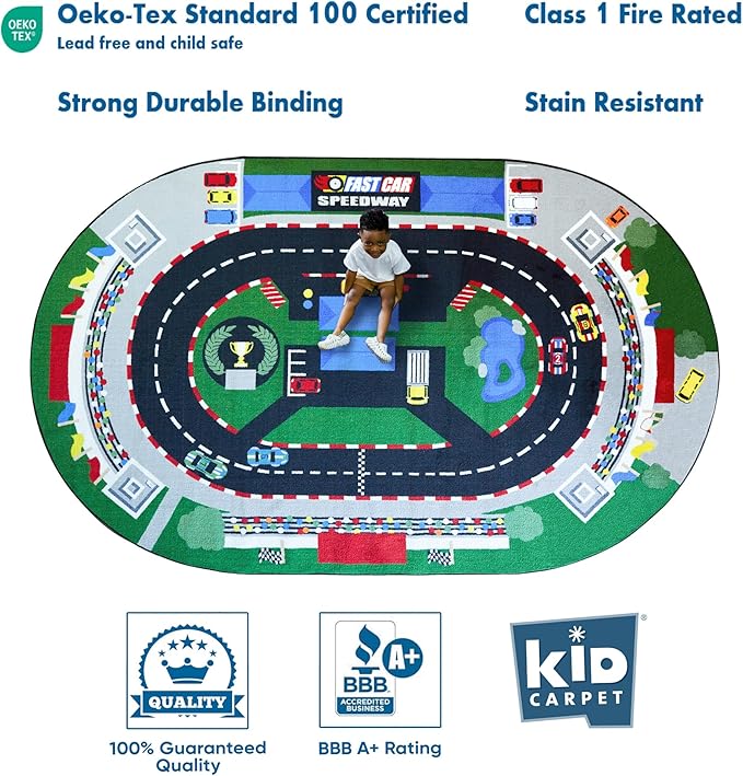 KIDCARPET.COM Raceway Rug 6' x 8'6" Oval, Educational Classroom Rug, Kids Learning Play Mat | Area Rug for Bedroom or Playroom