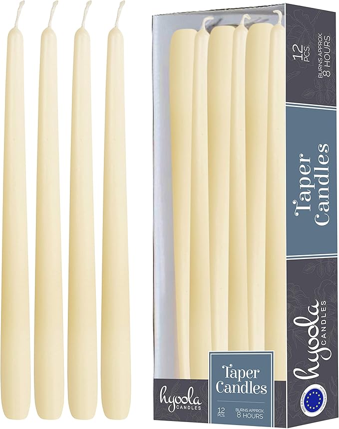 Hyoola 12 Pack Tall Taper Candles - 10 Inch Woolwhite Dripless, Unscented Dinner Candle - Paraffin Wax with Cotton Wicks - 8 Hour Burn Time