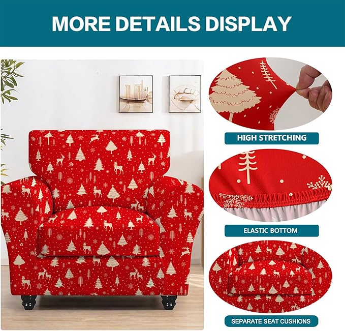 KRFOONN 2 Piece Chair Covers Printed Sofa Covers Couch Covers Washable Armchair Sofa Couch Slipcover Furniture Protector with Elastic Bottom for Living Room (Armchair, Christmas 01), Small