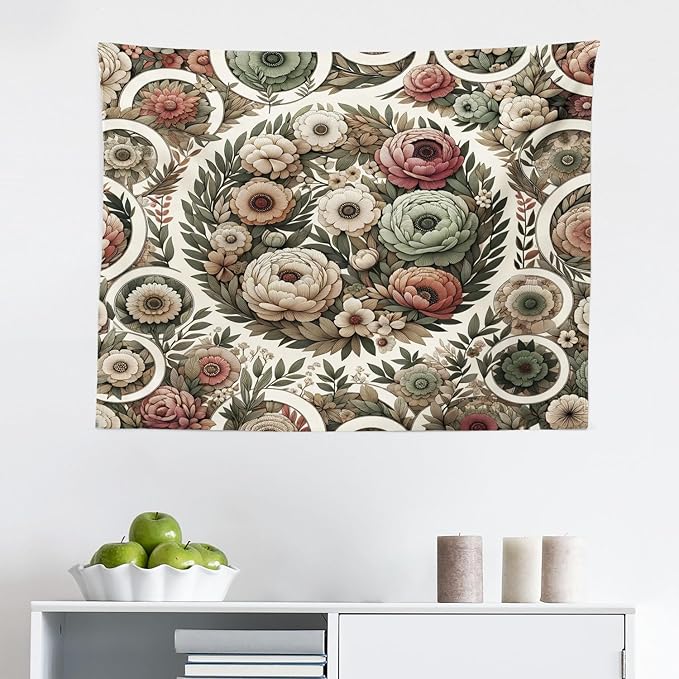 Ambesonne Flower Tapestry, Circular Floral Wreath with Greenery Leaves Ornaments Modern Cottagecore, Fabric Wall Hanging Decor for Bedroom Living Room Dorm, 28" X 23", Reseda Green Pale Ruby