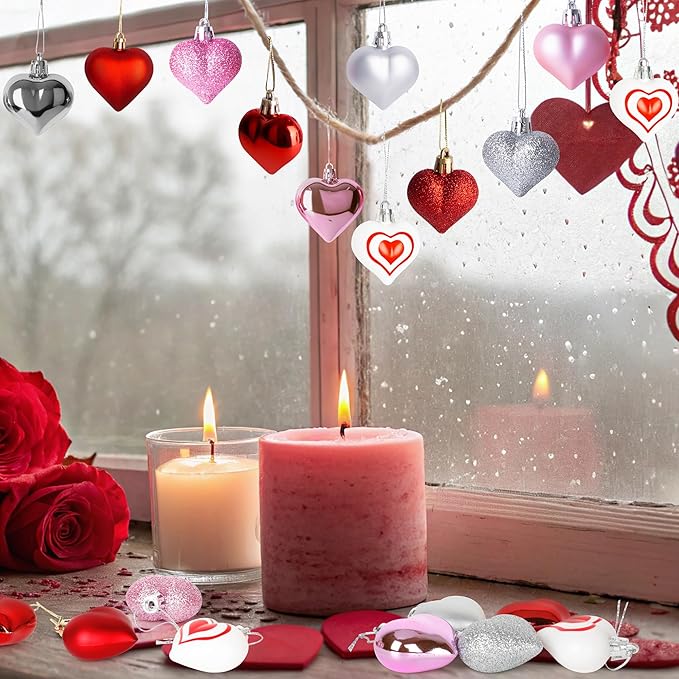 24PCS Heart Ornaments, 7 Kinds Valentine Ornaments for Tree, Valentine Tree Decorations in 4 Colors, Glitter Heart Shaped Baubles for Valentines Hanging Decorations Christmas Indoor Decor
