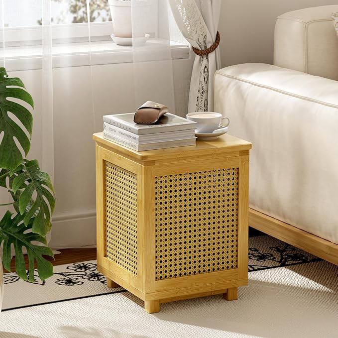 End Table for Living Room, Small Side Table with Storage, Bamboo Rattan Weave with Removable Cushion Top, Multifunctional Nightstand Ottoman Footrest Seat & Organizer for Bedroom, Office