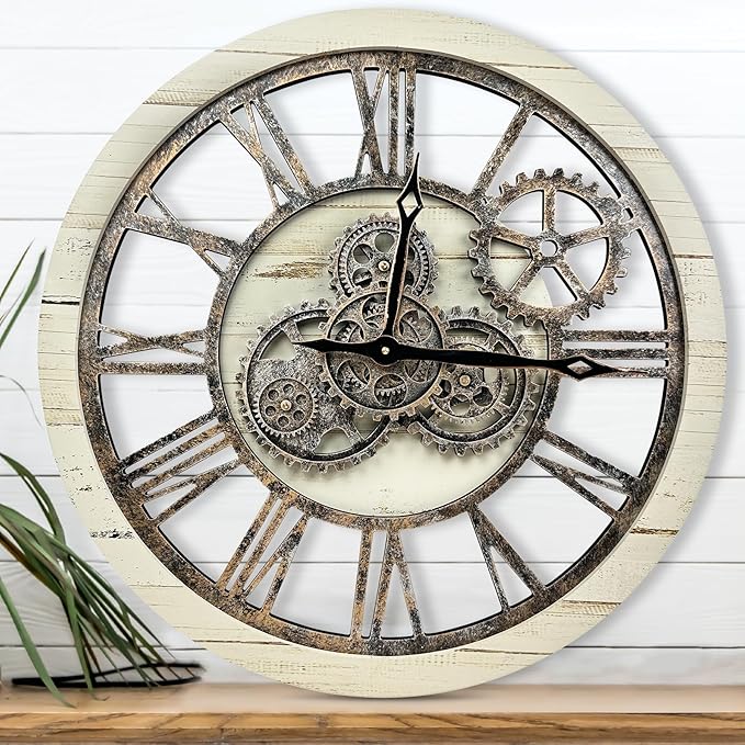 The B-Style Large Wall Clock 24 inch Moving Gear Wall Clock Oversized Vintage Farmhouse Wall Clocks for Living Room Decor Rustic Industrial Wood Clock (Desert Beige and Bronze, 36 inch/90cm)