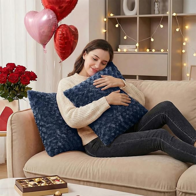 FUTEI Navy Blue Decorative Throw Pillow Covers 16x16 Inch Set of 2,Soft Solid Rose Swirl Textured Cushion Case,Valentine's Day Decor for Couch Living Room