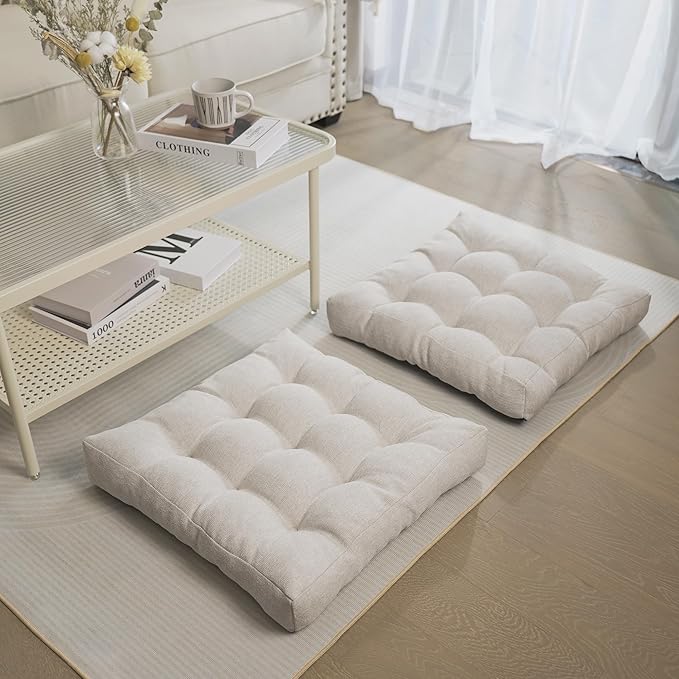 Tromlycs Floor Pillow Cushions for Adults Set of 2 Large Square Gel Memory Foam Pillows for Seating 20 x 20 x 4 Inch Beige