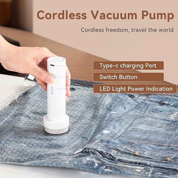 Vacuum Seal Bags for Clothing Travel，12 Combo Size with Cordless Electric Pump，Space saving vacuum bags for travel and clothing storage