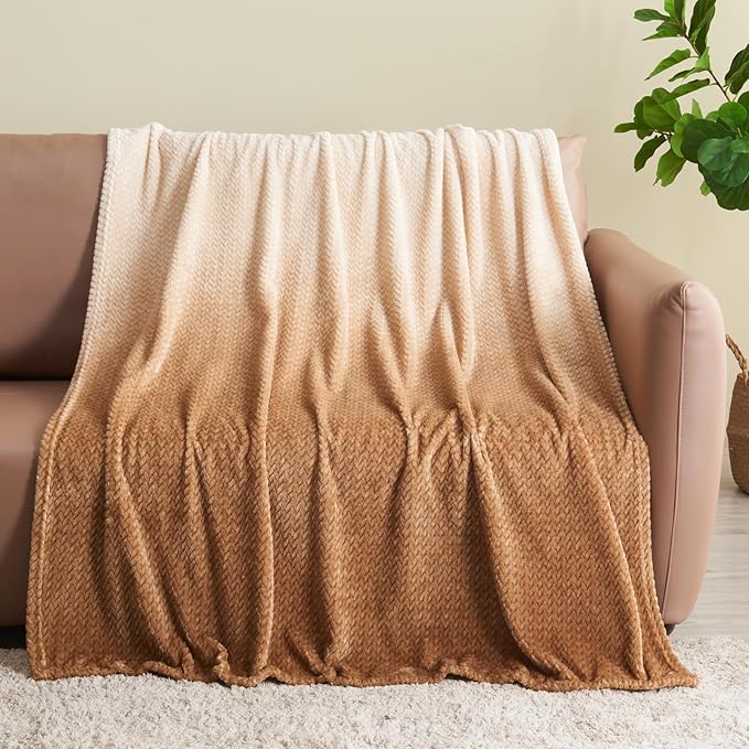 NEWCOSPLAY Super Soft Twin Blanket Ombre Brown Premium Silky Flannel Fleece Leaves Pattern Lightweight Bed Blanket All Season Use (Ombre Brown, Twin(60"x80"))