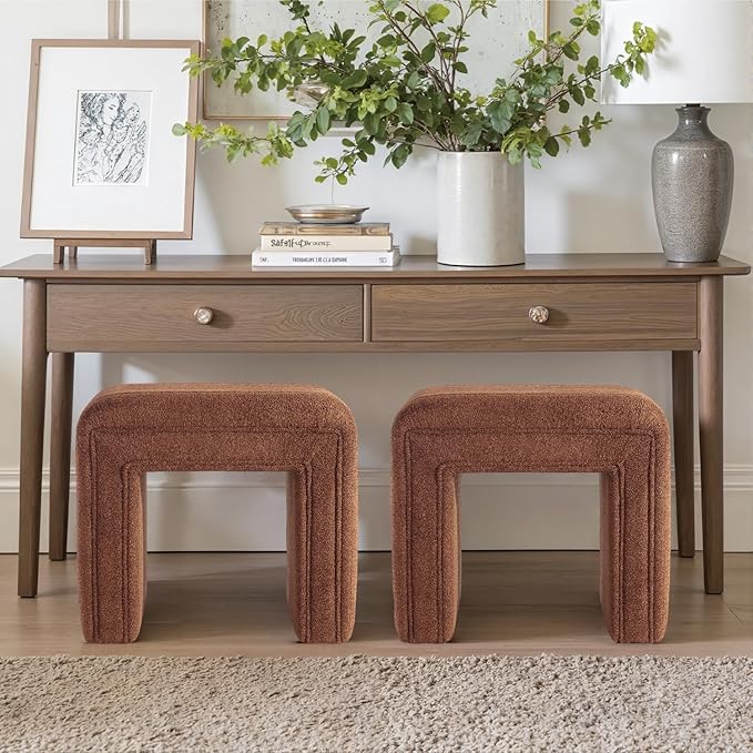 Get Set Style Vanity Stool Chair,Modern Boucle Ottoman Foot Stool with Wooden Legs Sofa Bench Footstool Extra Seat for Vanity,Makeup Room,Living Room,Entryway,Office (Fully Assembled) (Brown)