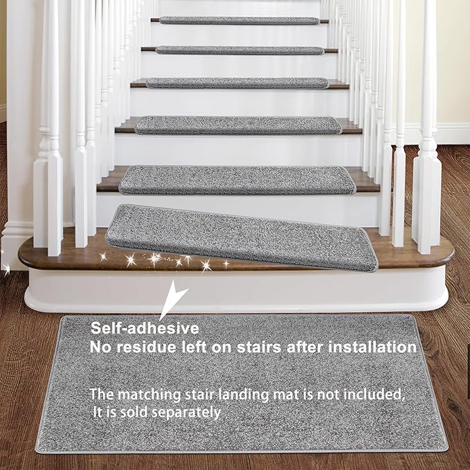 PURE ERA Bullnose Carpet Stair Treads Set Tape Free Non-Slip Indoor Stair Protectors Pet Friendly Rugs Covers Soft Skid Resistant Washable Reusable 9.5" x 30"(7 Pieces,Gray)