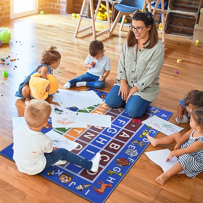 Ottomanson 3'3" x 5' Alphabet Kids Rug - Educational ABC Play Mat for Playroom, Bedroom, Daycare & Classroom - Fun & Interactive Learning Carpet - Durable & Non-Slip for High-Traffic Areas, Blue